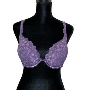 Cacique Womens Floral Lace Underwire Plunge Bra Size 38C Purple Lightly Padded